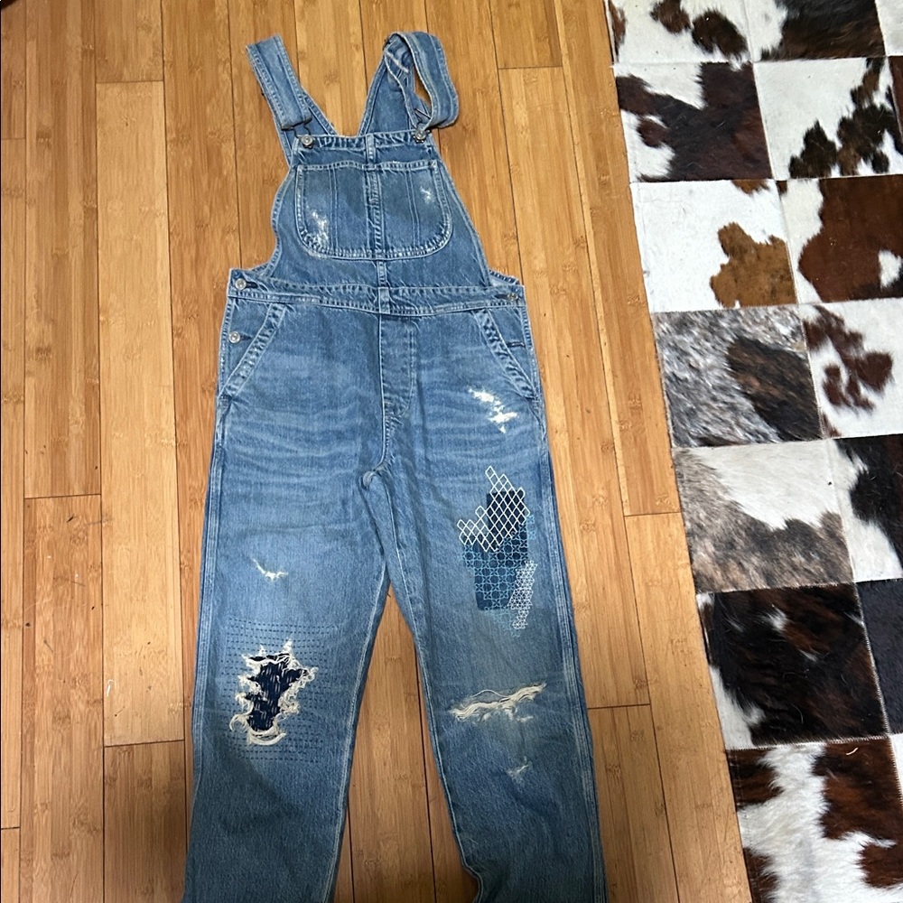 Free People denim embroidered overalls xs